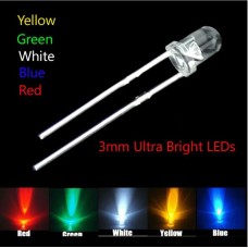 LED 3mm Round Super Bright Water Clear - Red/Green/Blue/Yellow/White  (Pack of 25)